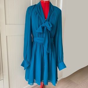 Rachel Zoe Mini Dress, Bow, 100% Silk, Flowy, Button-Down, Teal, Women’s (US M)